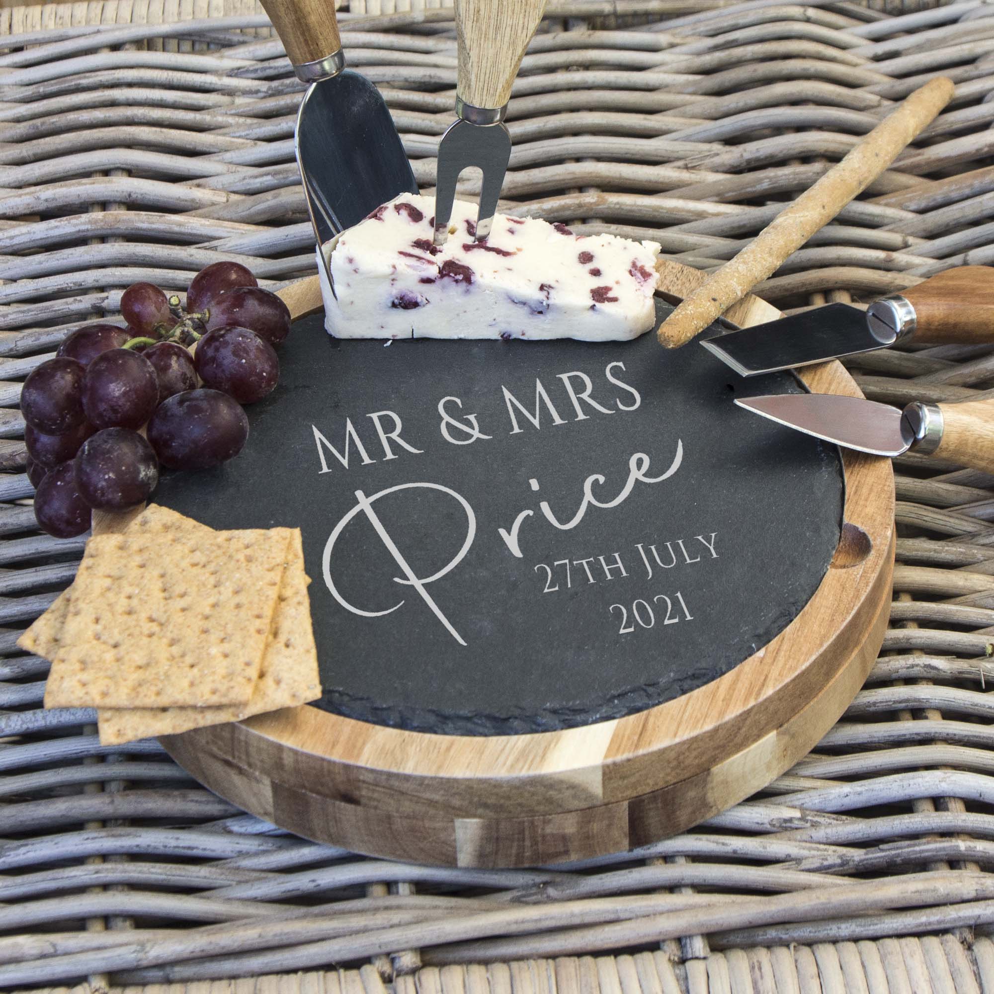 Personalised Slate Cheese Board Knife, Round Cheese Board With Knives